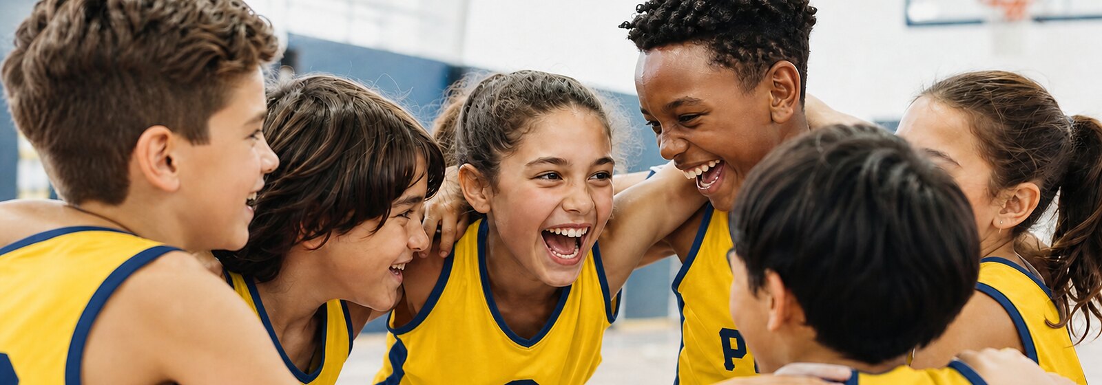 Bambini in cerchio che esultano dopo una partita di minibasket